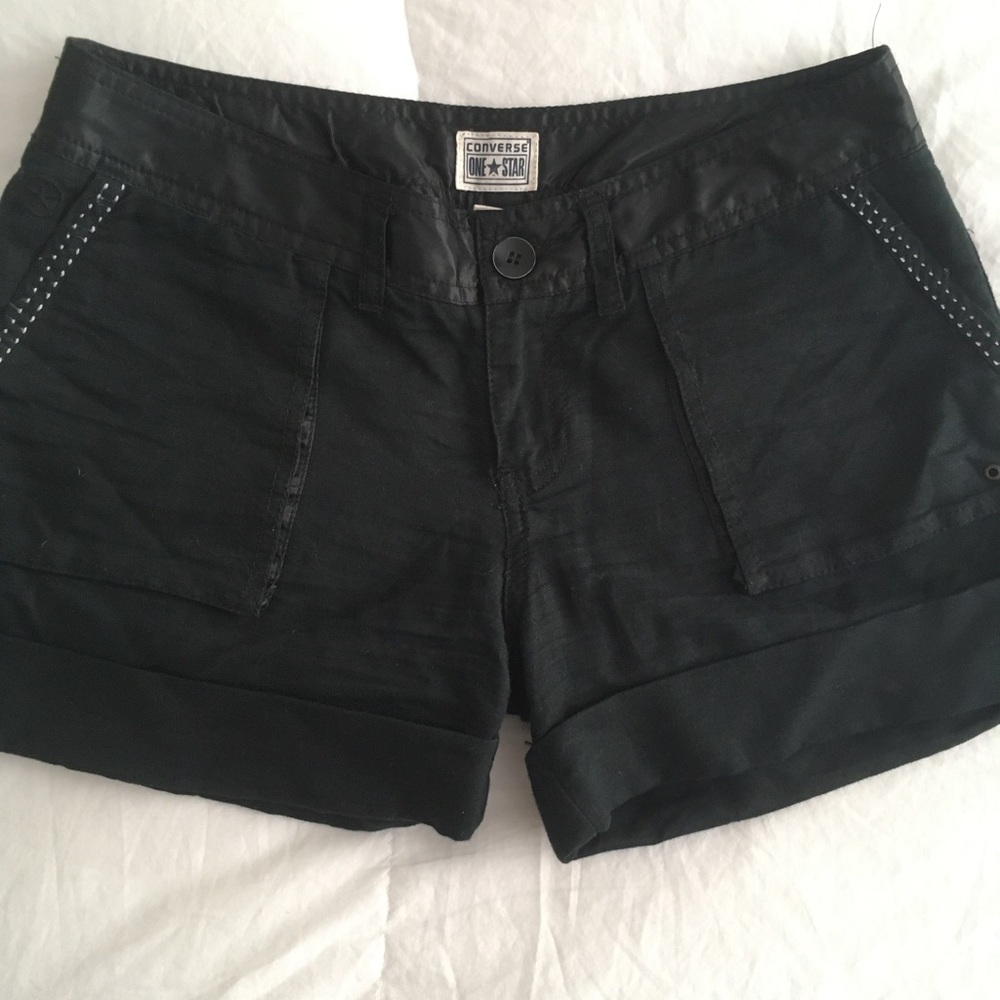 Converse One Star Size 4 Black/Satin Trim Linen Shorts